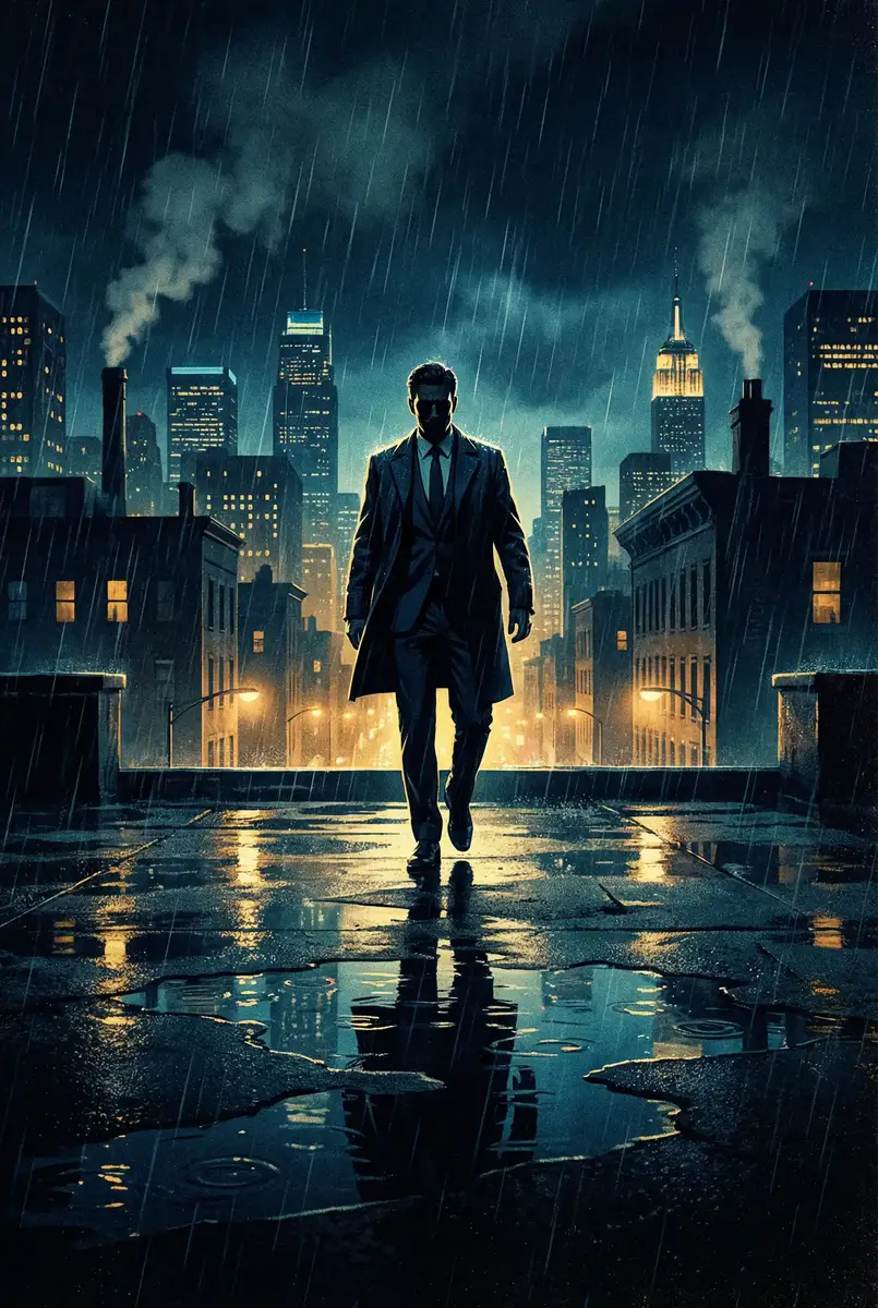 绀青之拳完整免费观看 出品影片《雨夜独行者》海报，雨中城市屋顶男性剪影